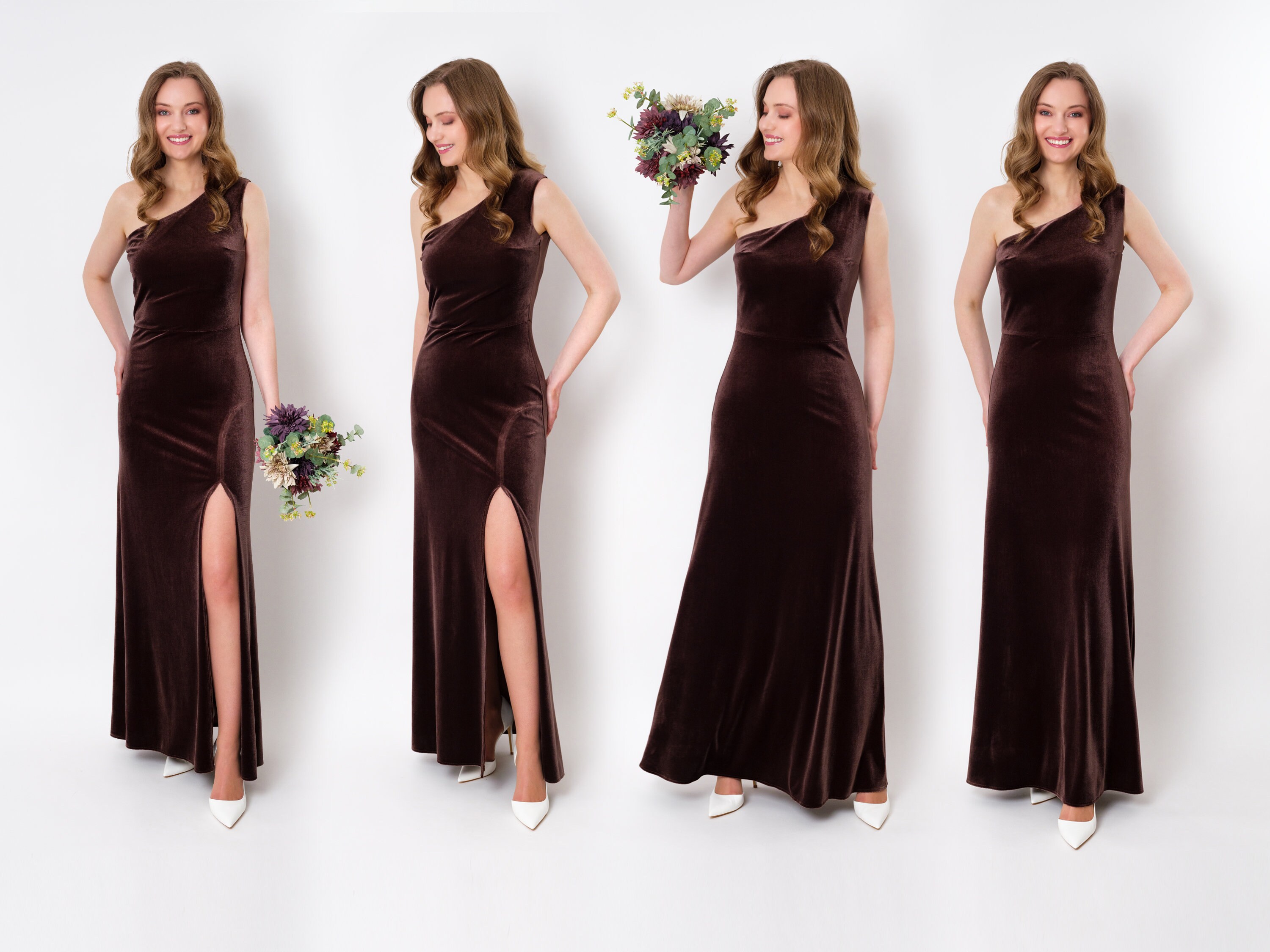 Chocolate Brown Velvet Long Dress, One Shoulder Dress, Slit Chocolate Brown Velvet Long Dress, One Shoulder Dress, Slit