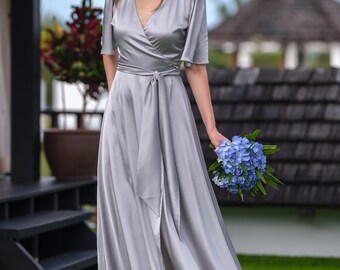 Silver Grey Silk Wrap Dress, Bridesmaid Dress, Wedding Guest Dress, Silk  Satin Dress, Maxi Dress, Evening Dress, Long Dress, Formal Dress - Etsy