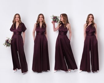 Dark burgundy infinity jumpsuit, silk jumpsuit, bridesmaid jumpsuit, multi wrap multiway convertible jumpsuit, bridesmaid dress