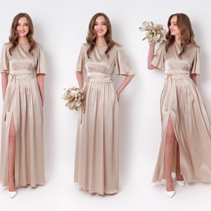 Champagne beige silk dress with belt, long slit dress, bridesmaid dress, wedding guest dress, maxi dress, evening dress, formal dress