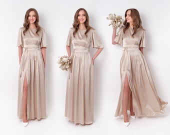 Robe en soie beige champagne avec ceinture, longue robe fendue, robe de demoiselle d'honneur, robe d'invité de mariage, robe longue, robe de soirée, robe de soirée