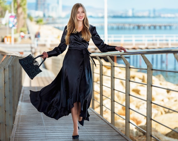 Black wrap evening dress online