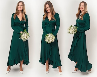 Dark green silk dress, silk dress, wrap dress, bridesmaid dress, wedding guest dress, women dress, maxi dress, evening dress, long dress