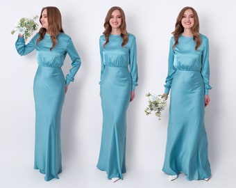 Langes langes Kleid aus blauer Seide, Brautjungfer Kleid, Hochzeitsgast Kleid, Abendkleid, langes Kleid, langes Kleid
