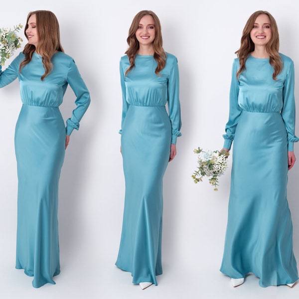 Dusty blue silk long dress, bridesmaid dress, wedding guest dress, evening dress, long sleeves dress, bridal party attire, long dress