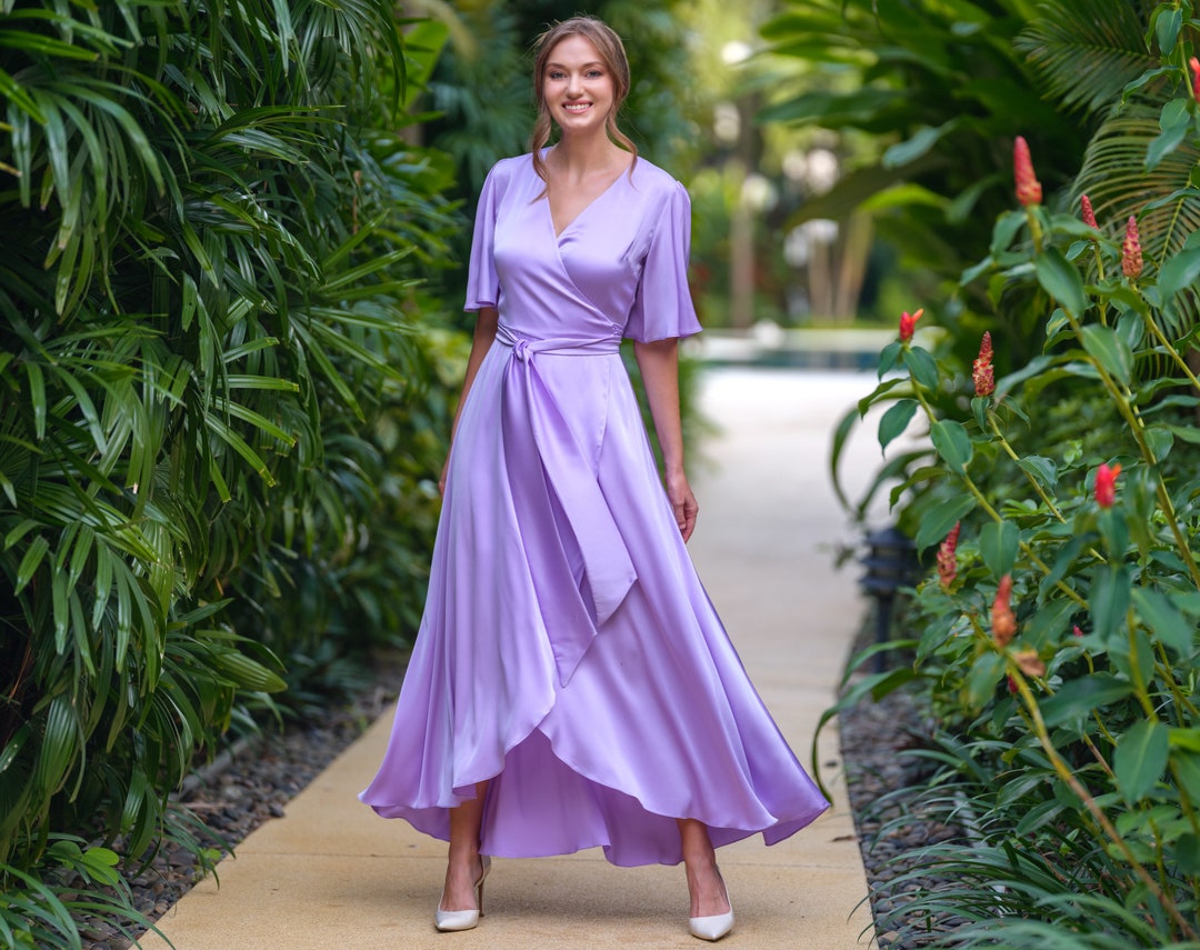 Lilac silk dress, silk dress, wrap dress, bridesmaid dress, wedding guest dress, women dress, evening dress, long dress