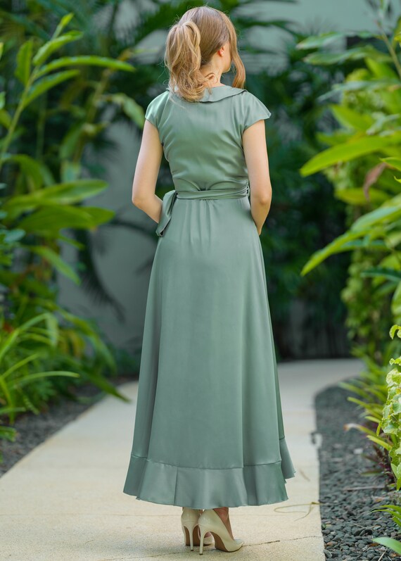 sage green dresses south africa Sage Green Bridesmaid Dresses Mermaid Removable Train One Shoulder – Lisposa main image 0