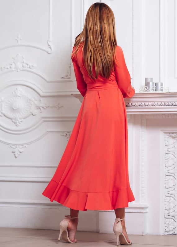 Coral Long Wrap Dress, Bridesmaid Dress, Cocktail Dress, Wedding Guest Dress, Party Dress, Formal Dress, Prom Dress, Evening Dress Coral Long Wrap Dress, Bridesmaid Dress, Cocktail Dress, Wedding Guest Dress, Party Dress, Formal Dress, Prom Dress, Evening Dress