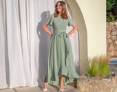 Chiffon Dress | Sage Green Ruffle Dress with Belt | Bridesmaid Dress | Wedding Guest Dress | Elegant Special Occasion Dress | Custom Made
