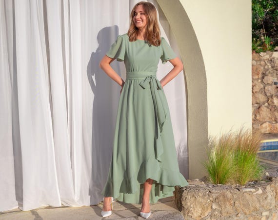 green emerald velvet dress Daphne Green Ruffle Maxi Dress main image 0