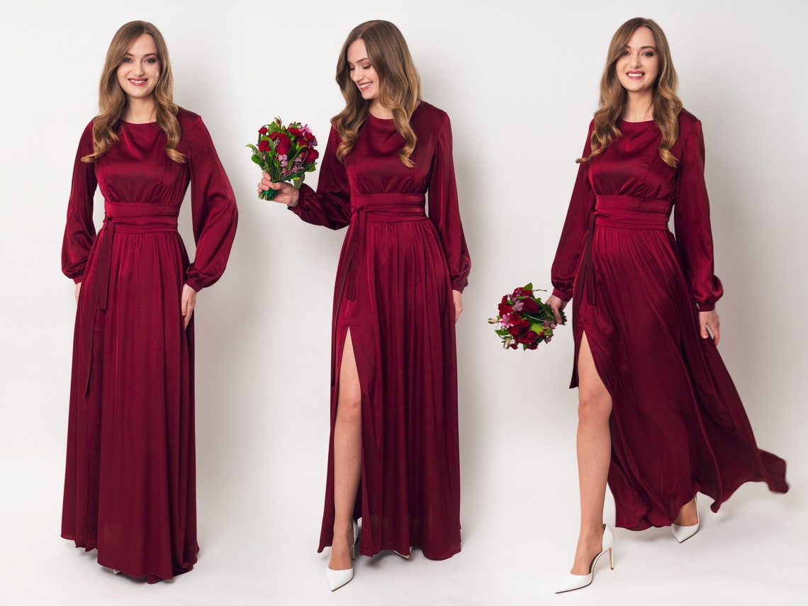 Burgundy silk dress with belt long slit dress bridesmaid image 1