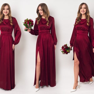 Burgundy silk dress with belt, long slit dress, bridesmaid dress, wedding guest dress, maxi dress, evening dress, formal dress