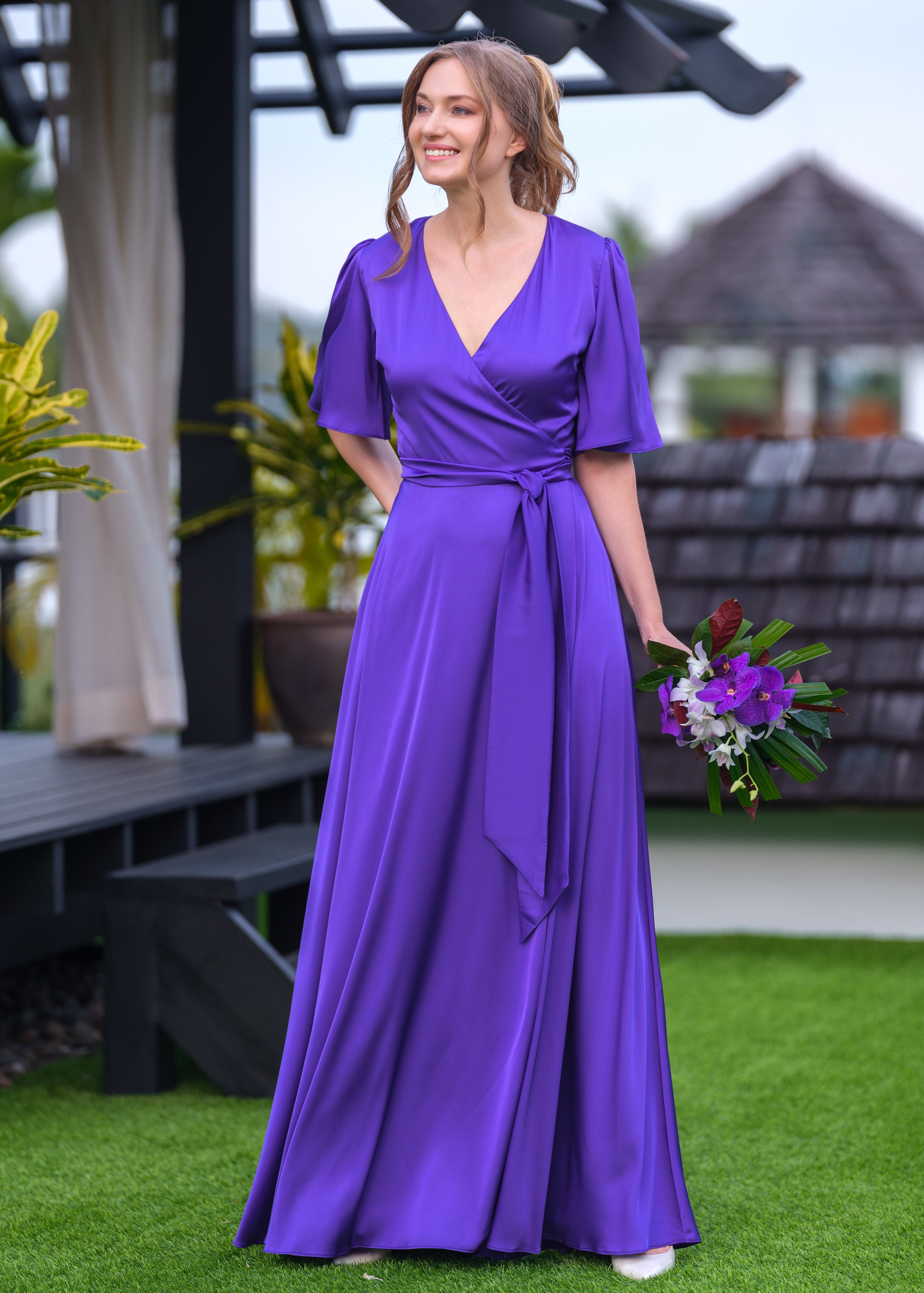 Purple Silk Wrap Dress, Bridesmaid Dress, Wedding Guest Dress, Silk Satin  Dress, Maxi Dress, Evening Dress, Long Dress, Formal Dress - Etsy