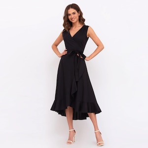 Linen long black sleeveless wrap dress,bridesmaid dress,romantic dress,mid-calf dress,summer dress,asymmetrical vacation dress,holiday dress
