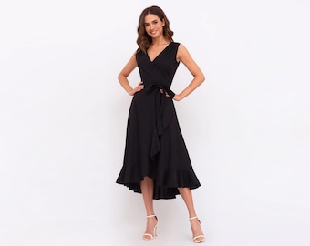 Linen long black sleeveless wrap dress,bridesmaid dress,romantic dress,mid-calf dress,summer dress,asymmetrical vacation dress,holiday dress