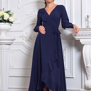 Navy blue long wrap dress, bridesmaid dress, cocktail dress, wedding guest dress, maxi party dress, formal dress, prom dress image 9