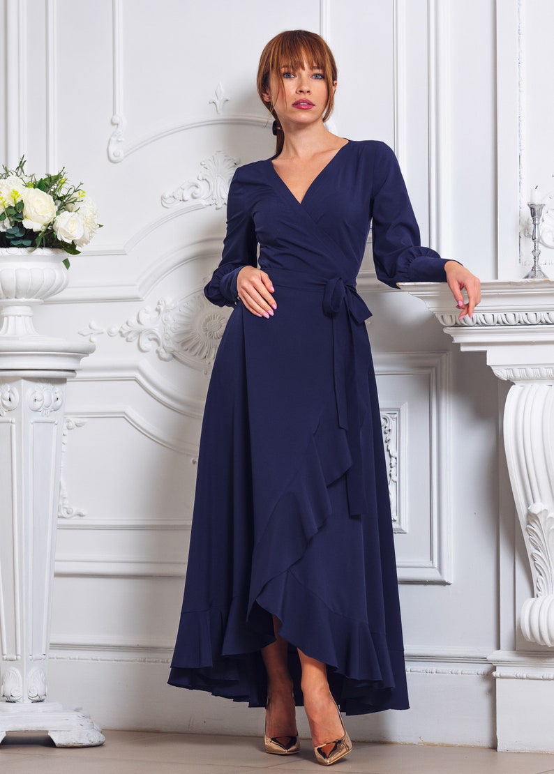 Navy blue long wrap dress, bridesmaid dress, cocktail dress, wedding guest dress, maxi party dress, formal dress, prom dress image 9