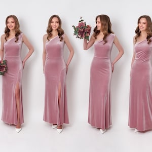 Mauve velvet long dress, one shoulder dress, slit velvet dress, bridesmaid velvet dress, wedding guest dress, evening dress
