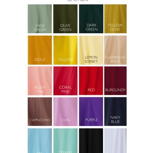 May include: Color chart showing 16 different colors of chiffon fabric. The colors are: Sage Green, Olive Green, Dark Green, Yellow Olive, Gold, Yellow, Lemon Sorbet, Champagne Beige, Blush Pink, Coral Pink, Red, Burgundy, Cappuccino, Lilac, Purple, Navy Blue, Sky Blue, Tiffany Blue, Black, and White.