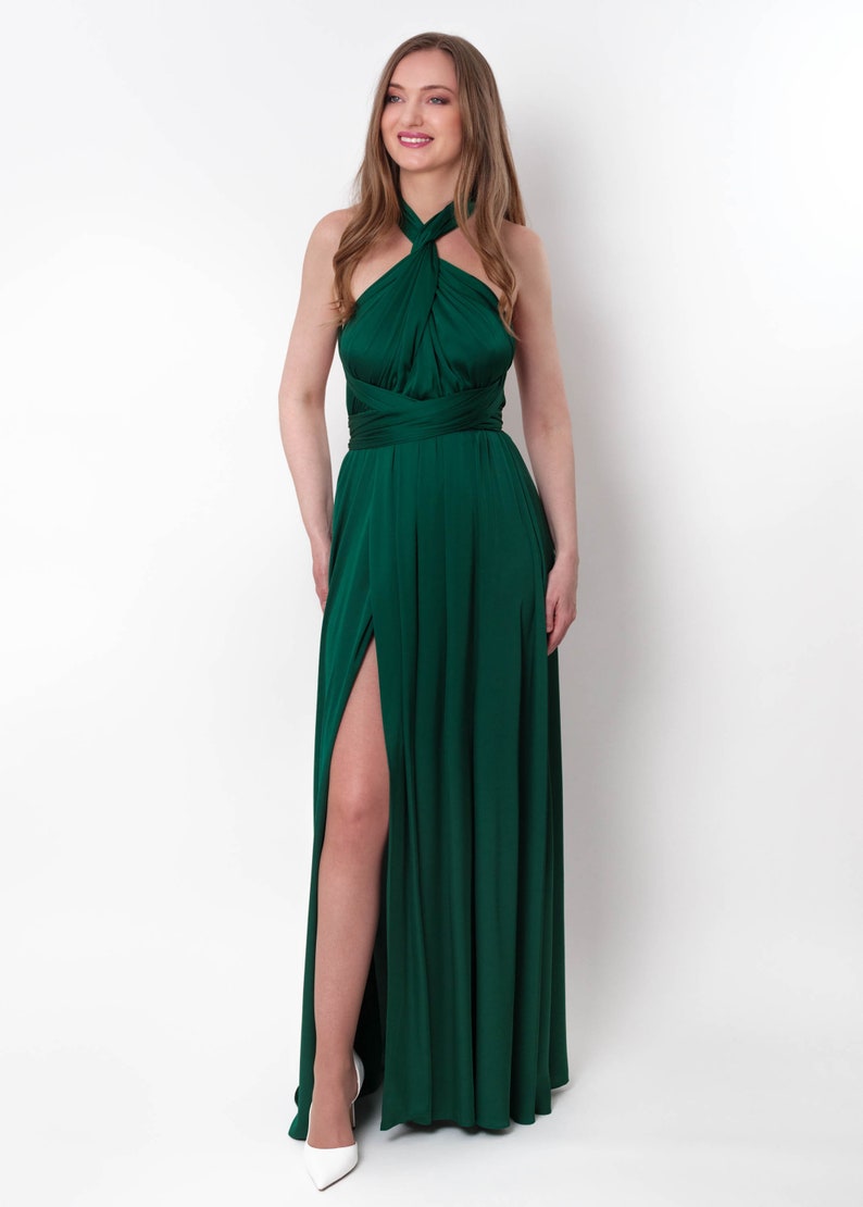 Infinity-Schlitzkleid, dunkelgrünes Seidenkleid, Brautjungfernkleid, Seidensatinkleid, Multi-Wickelkleid, wandelbares Kleid, Multiway-Kleid Bild 4