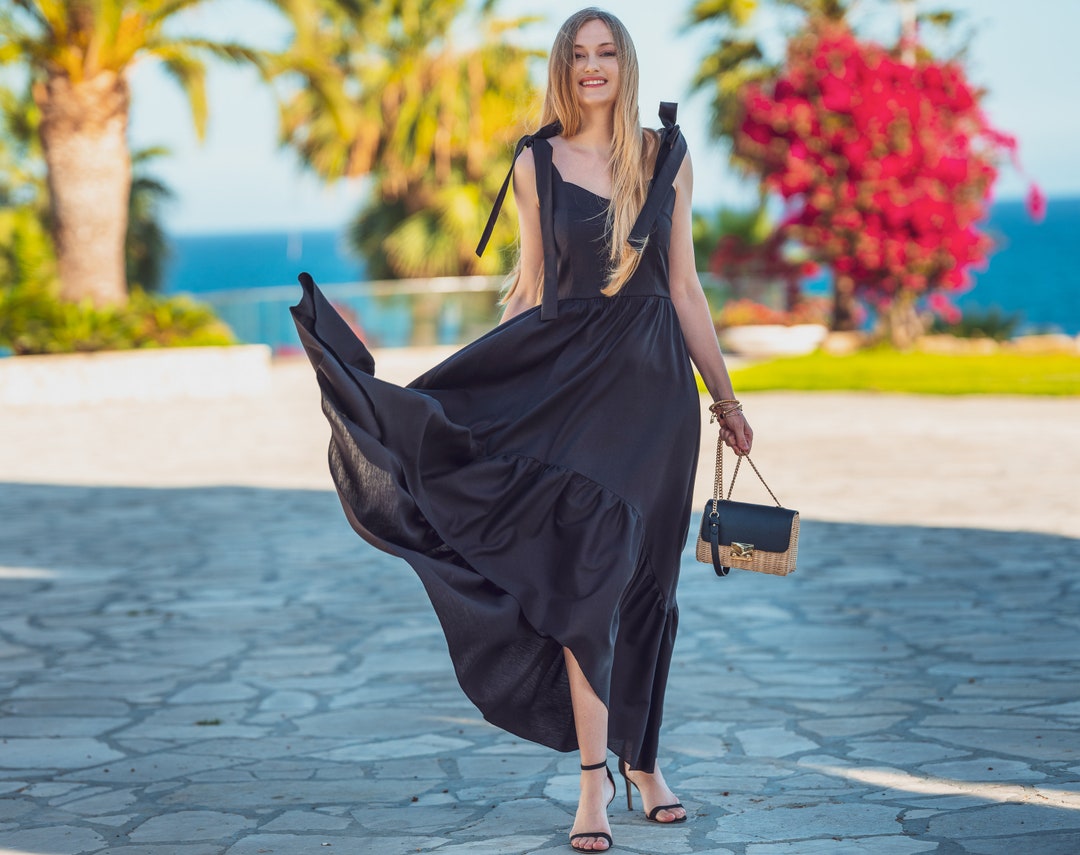 Black organic linen summer dress, natural cotton, long, maxi, vacation, holiday, sleeveless, fitted, a-line, open back, asymmetric, elegant Black organic linen summer dress, natural cotton, long, maxi, vacation, holiday, sleeveless, fitted, a-line, open back, asymmetric, elegant