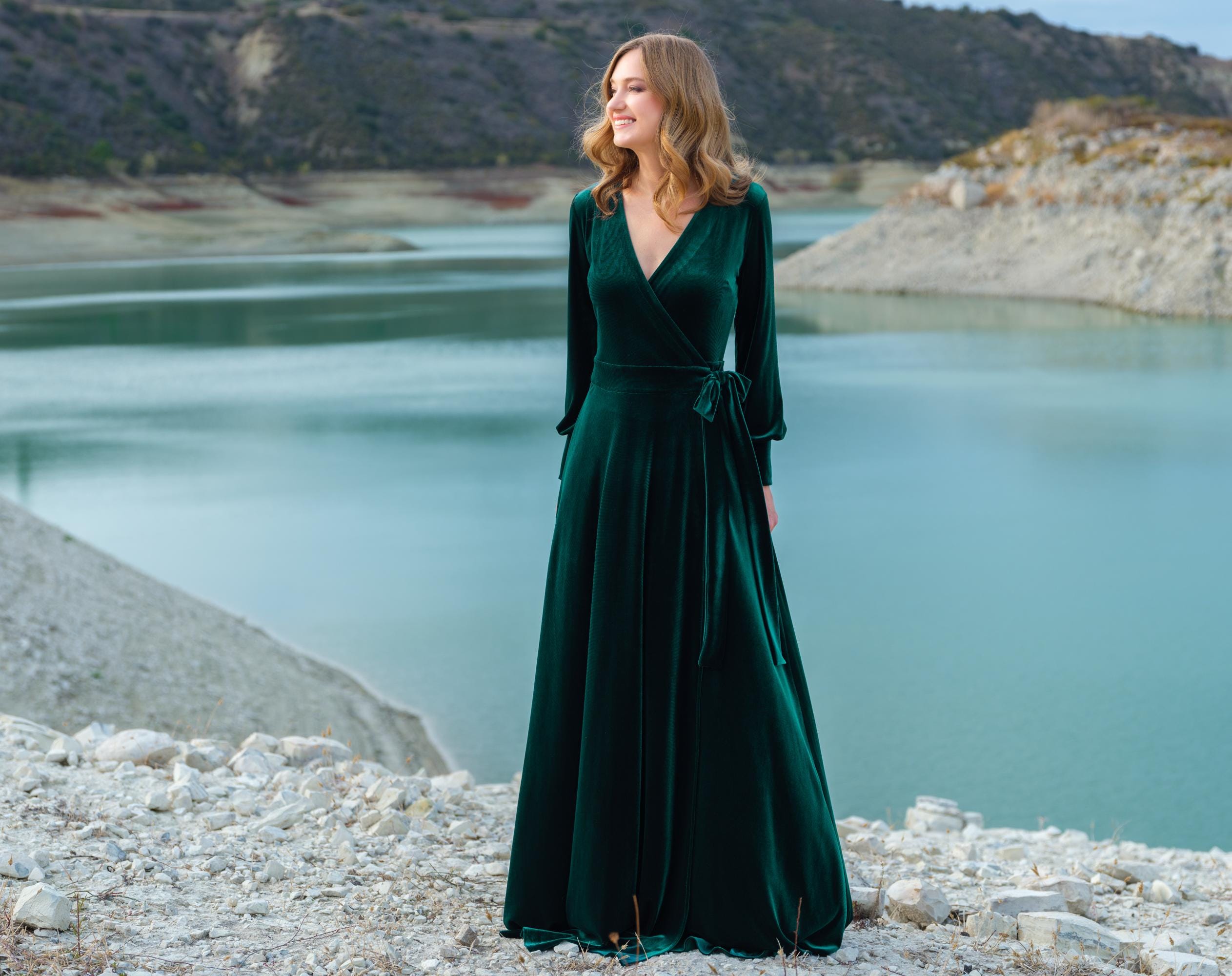 Velvet Wrap Dress in Emerald Green: with Long Sleeves Floor Length Maxi Gown Velvet Wrap Dress in Emerald Green: With Long Sleeves Floor Length Maxi Gown,  for Holiday Parties, Fall Winter Weddings, Special Occasions - Etsy