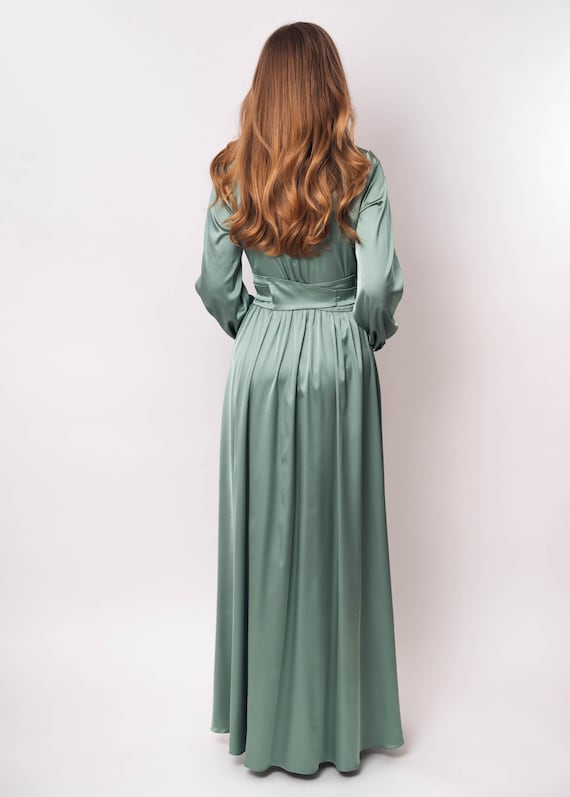 sage green satin dress with sleeves Satin V-Neck Midi Dress in Sage Green main image 0
