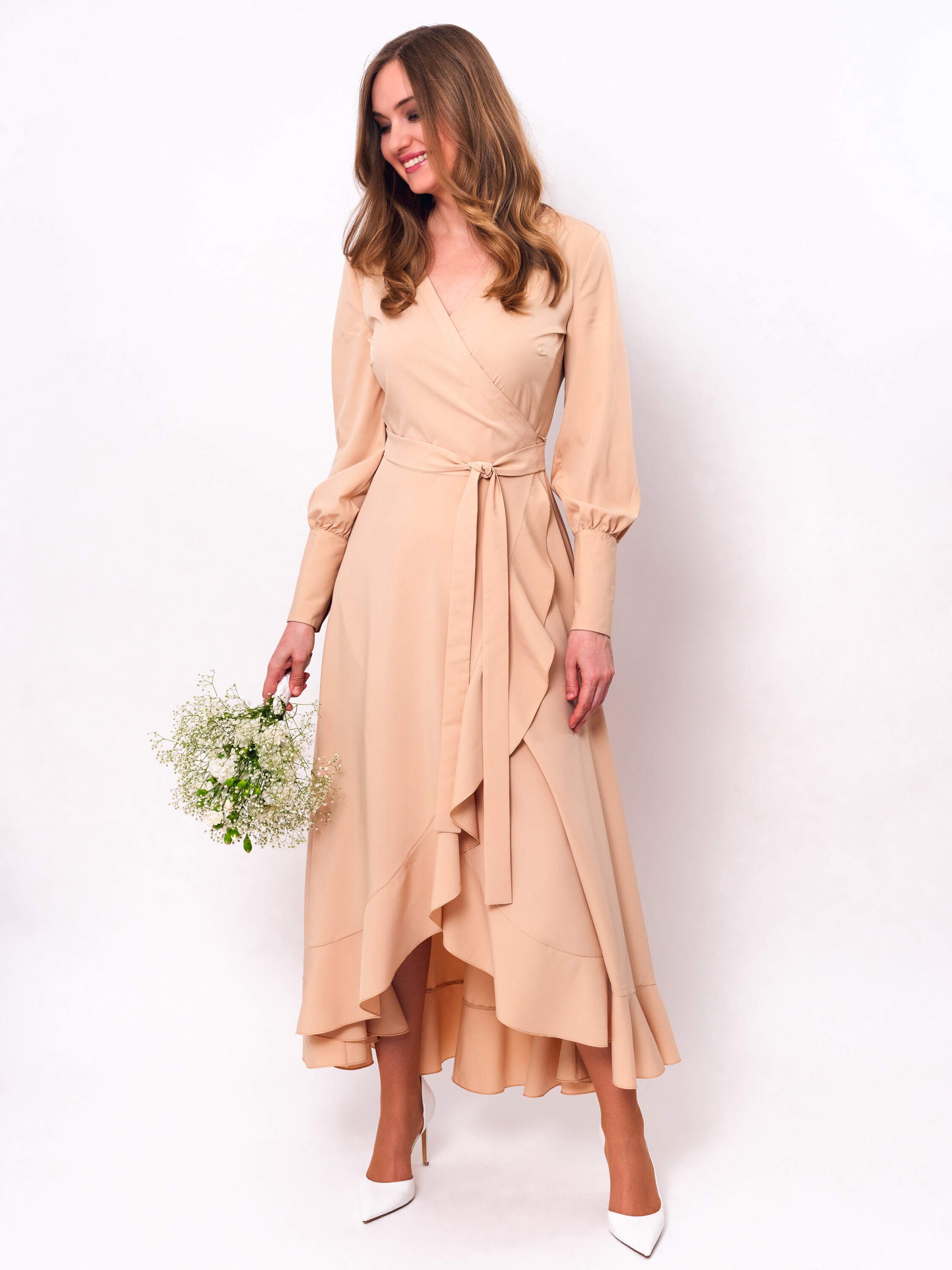Champagne Beige Long Wrap Dress, Bridesmaid Dress, Cocktail Dress, Wedding Guest Dress, Maxi Party Dress, Formal Dress, Prom Dress