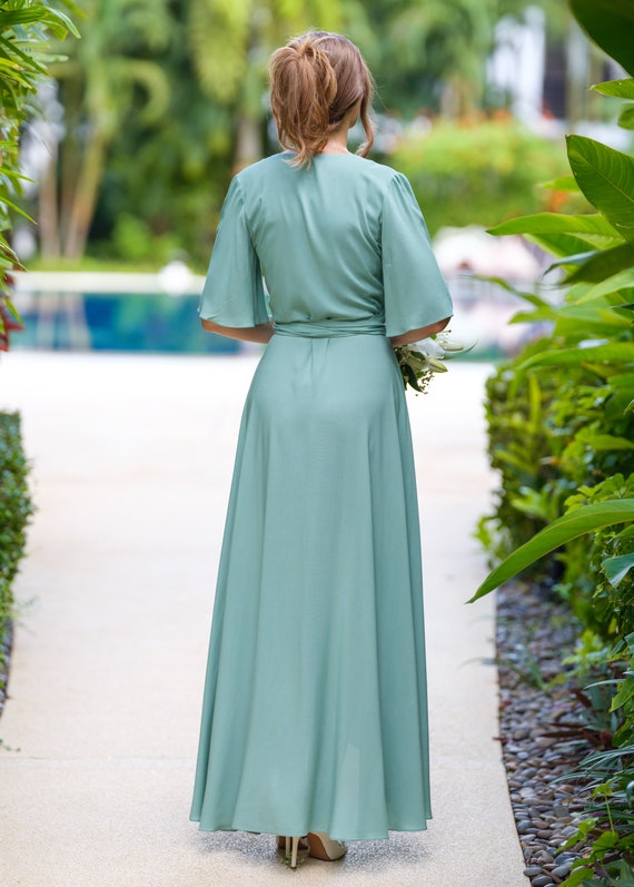 Sage Green Romantic Wrap Dress, Bridesmaids Dress, Maxi Dress, Long Dress,  Wedding Guest Dress, Formal Dress, Evening Summer Dress - Etsy