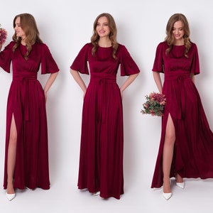 Burgundy silk dress with belt, long slit dress, bridesmaid dress, wedding guest dress, maxi dress, evening dress, formal dress