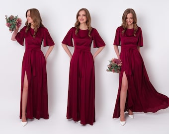 Burgundy silk dress with belt, long slit dress, bridesmaid dress, wedding guest dress, maxi dress, evening dress, formal dress