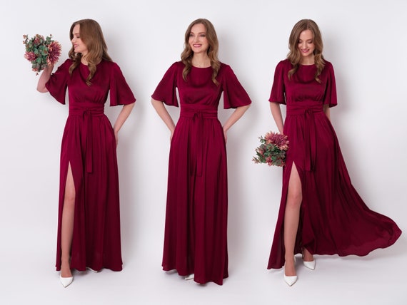 blue dress for baby girl Short Sleeves Off the Shoulder Burgundy Long Prom Dresses, Wine Red Lo –  jbydress main image 0