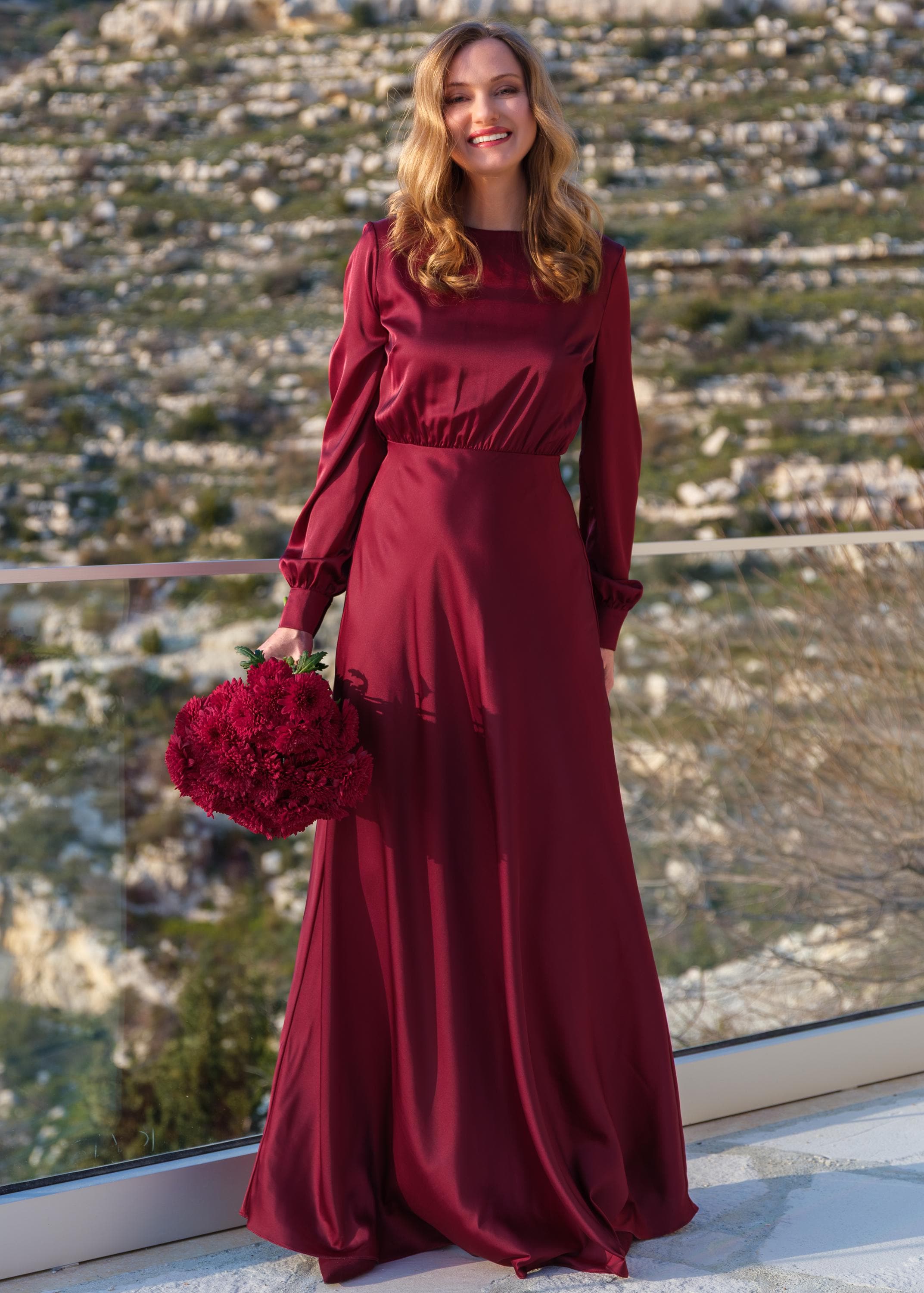 burgundy bridesmaid dresses with sleeves Azazie A-Line Square Neck Long Sleeve Floor-Length Stretch Satin Look and feel beautiful! Burgundy silk Long dress -