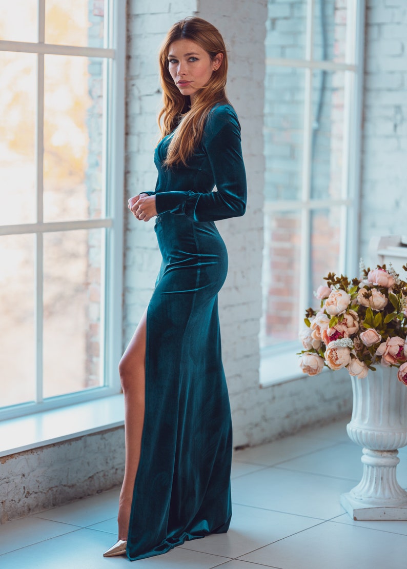 Teal Green Maxi Velvet Dress Wedding Guest Dress Evening | Etsy
