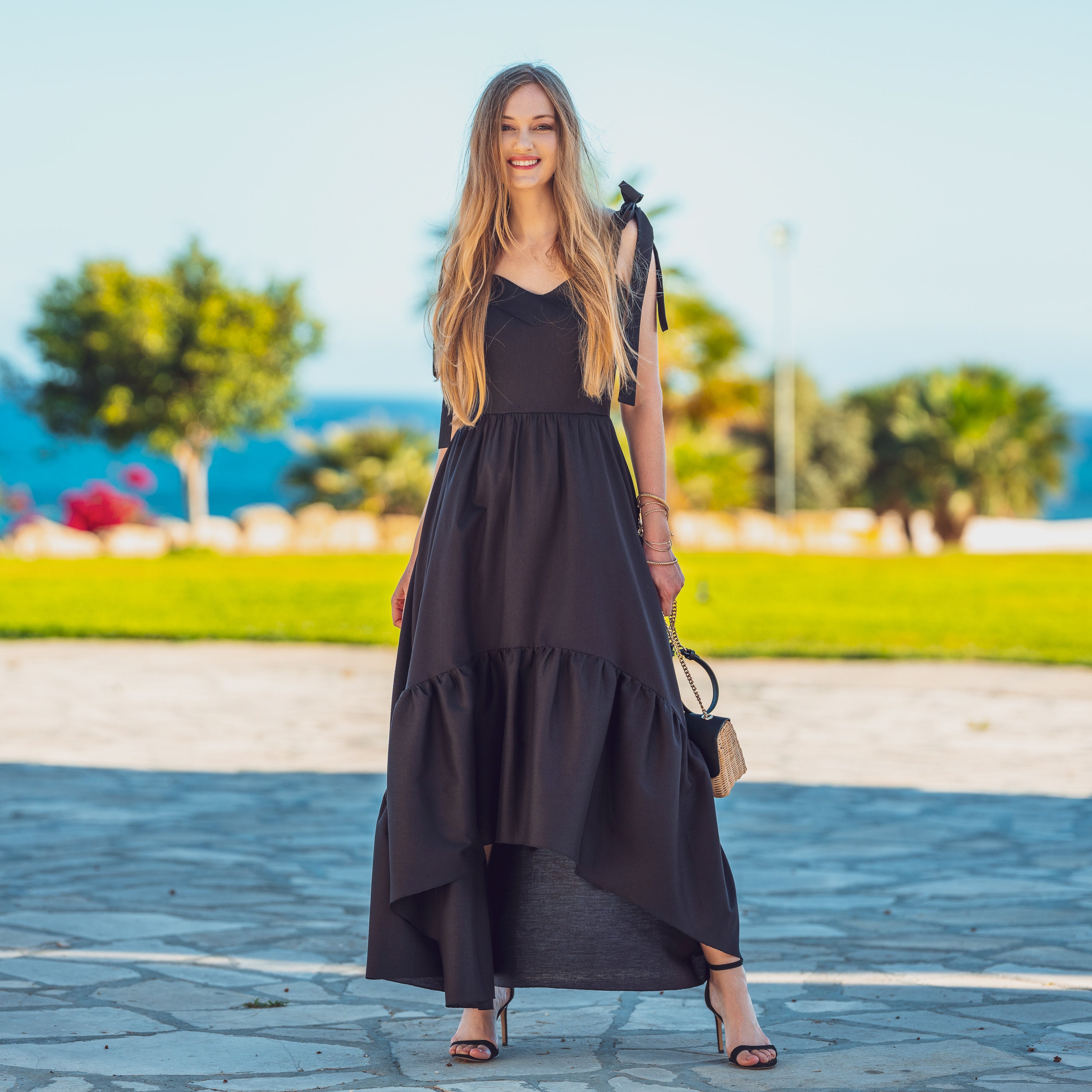 Black organic linen summer dress, natural cotton, long, maxi, vacation, holiday, sleeveless, fitted, a-line, open back, asymmetric, elegant