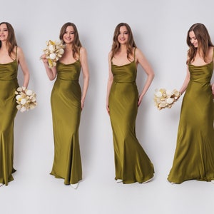 Olive silk slip dress, bridesmaid dress, wedding guest dress, evening dress, long straps dress, bridal party attire, long dress