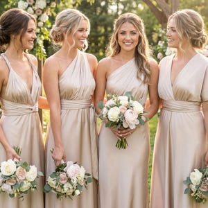 Vestido infinito de seda color champán beige, vestido largo convertible para damas de honor, atuendo para invitadas de boda.