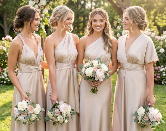 Champagne Beige Silk Infinity Dress, Convertible Bridesmaid Maxi Gown, Wedding Guest Outfit - Etsy Canada Champagne Beige Silk Infinity Dress, Convertible Bridesmaid Maxi Gown, Wedding Guest Outfit - Etsy Canada