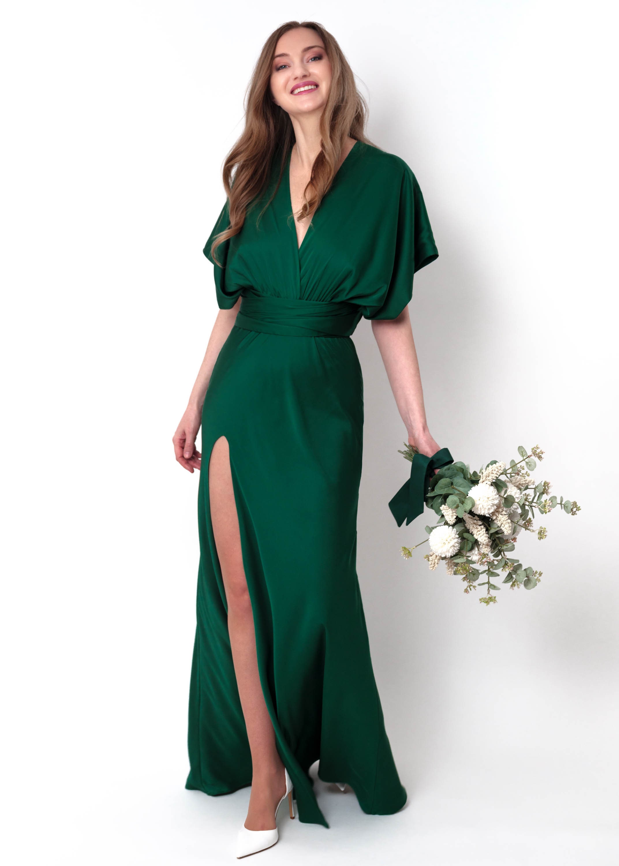 Infinity Slit Dress, Dark Green Silk Dress, Bridesmaid Dress, Silk Satin Dress, Multi Wrap Dress, Convertible Dress, Multiway Dress