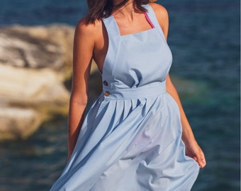 Blue Long Organic Cotton Sundress, Mid Calf Sundress, Retro Style
