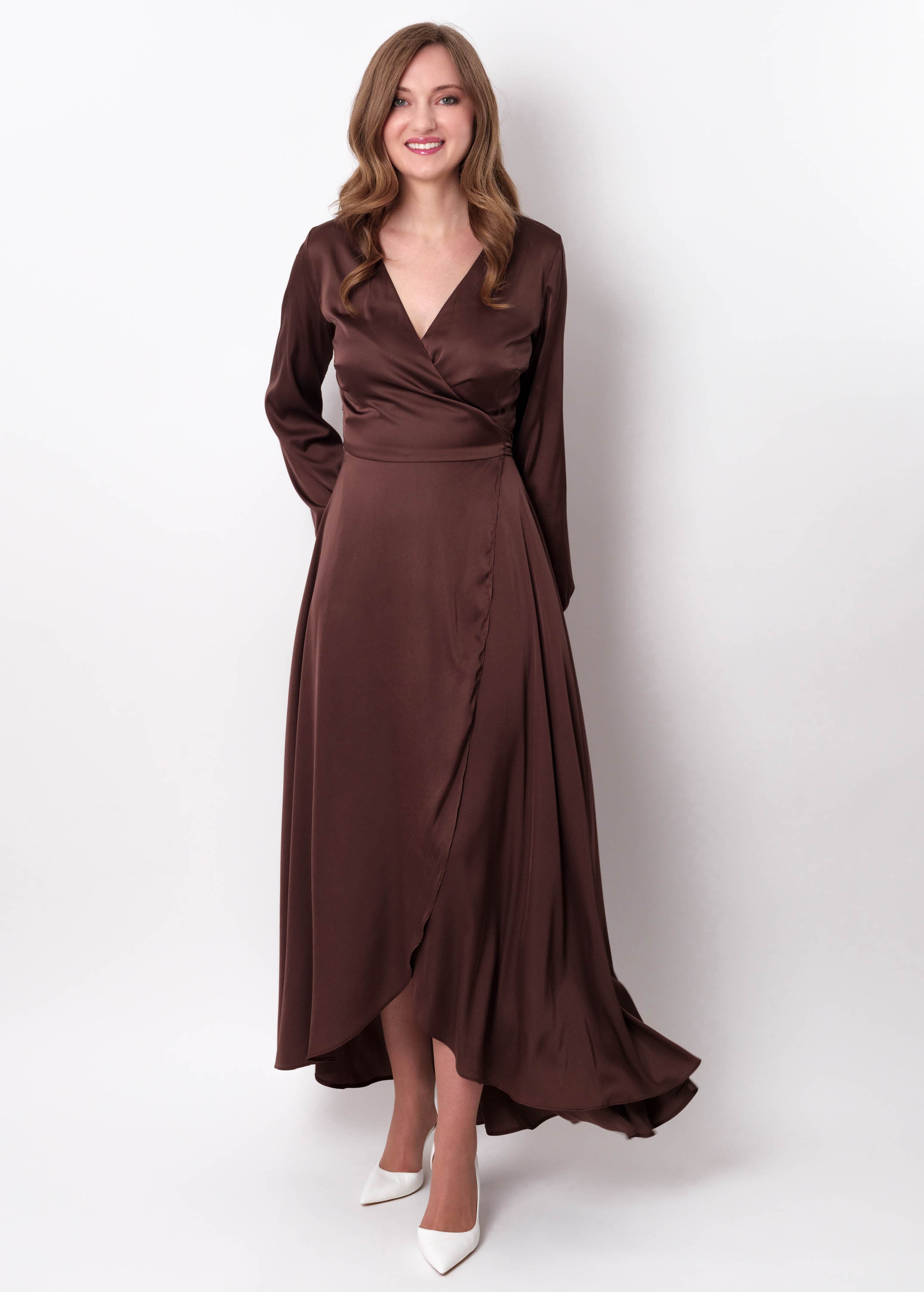brown bridesmaid dresses with sleeves Giselle V-neck Half Sleeves Slit Bridesmaid Dress