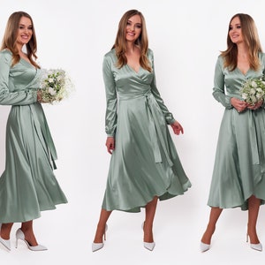 Sage green silk dress, silk dress, wrap dress, bridesmaid dress, wedding guest dress, women dress, maxi dress, evening dress, long dress
