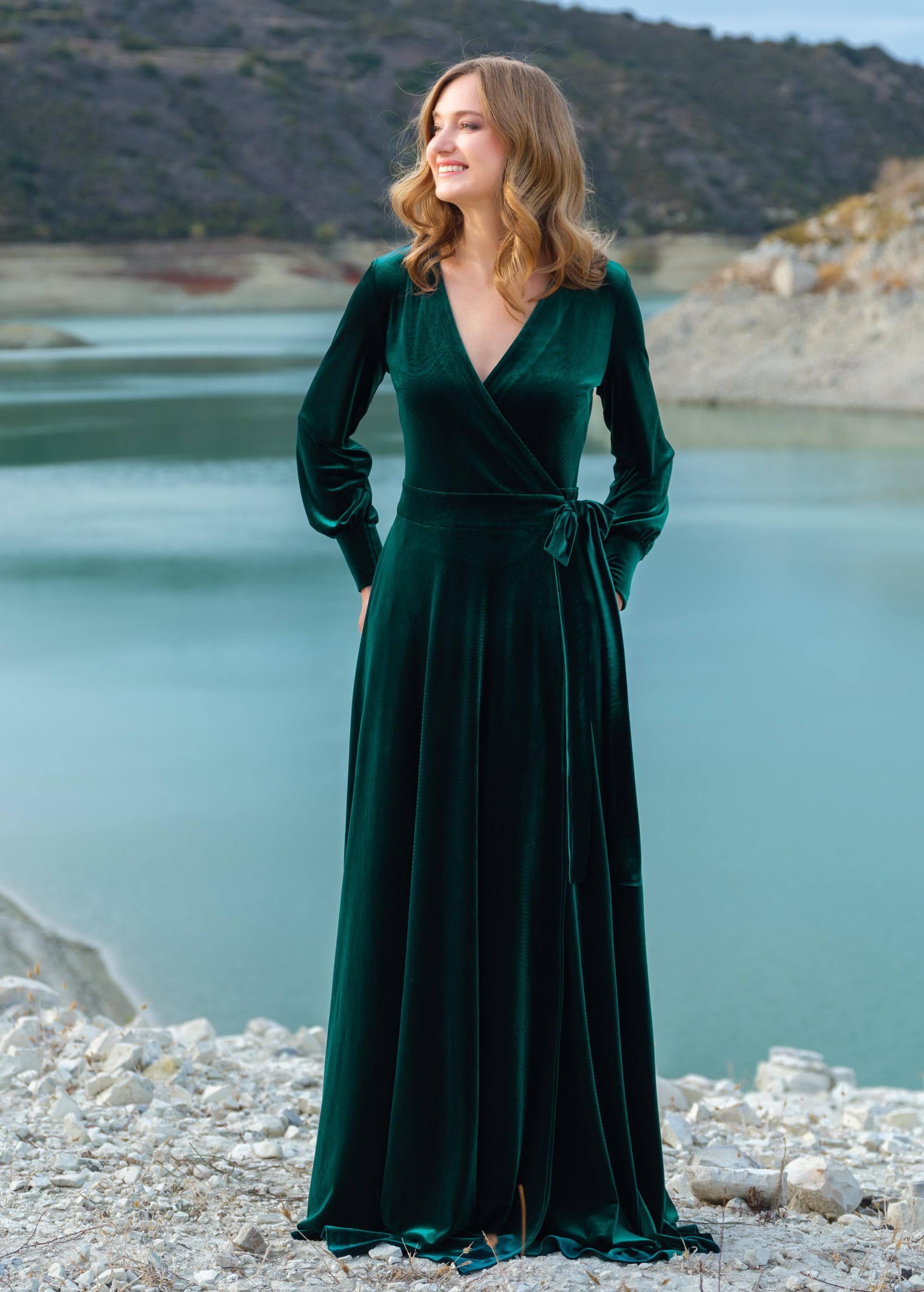 Velvet Wrap Dress in Emerald Green: with Long Sleeves Floor Length Maxi Gown, for Holiday Parties, Fall Winter Weddings, Special Occasions