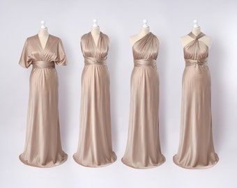 Infinity Kleid, Champagner Beige Seidenkleid, Brautjungfer Kleid, Seidenkleid, Mehrfachwickelkleid, Wandelbares Kleid, Multiway Kleid, langes Kleid