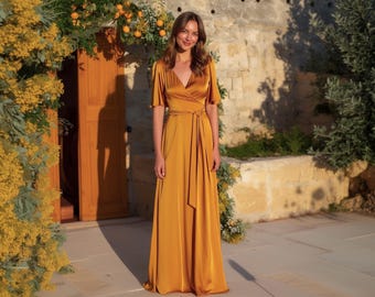 Silk gold wrap dress | Elegant satin gown for weddings, bridesmaids & special occasions | Custom made dress | Wedding guest outfit