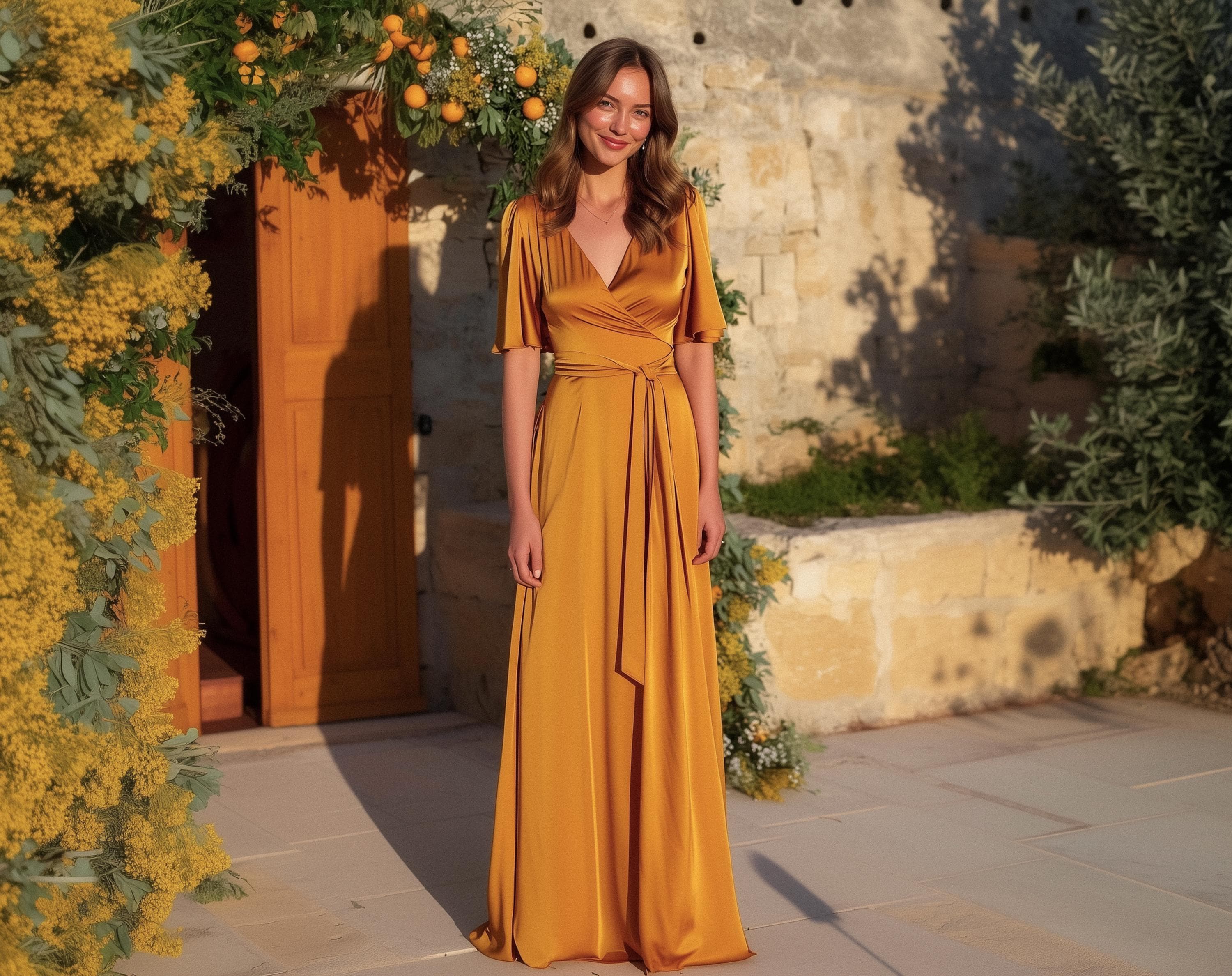 green emerald velvet dress Frontward Wrap Dress in Gold, Gold / S main image 1