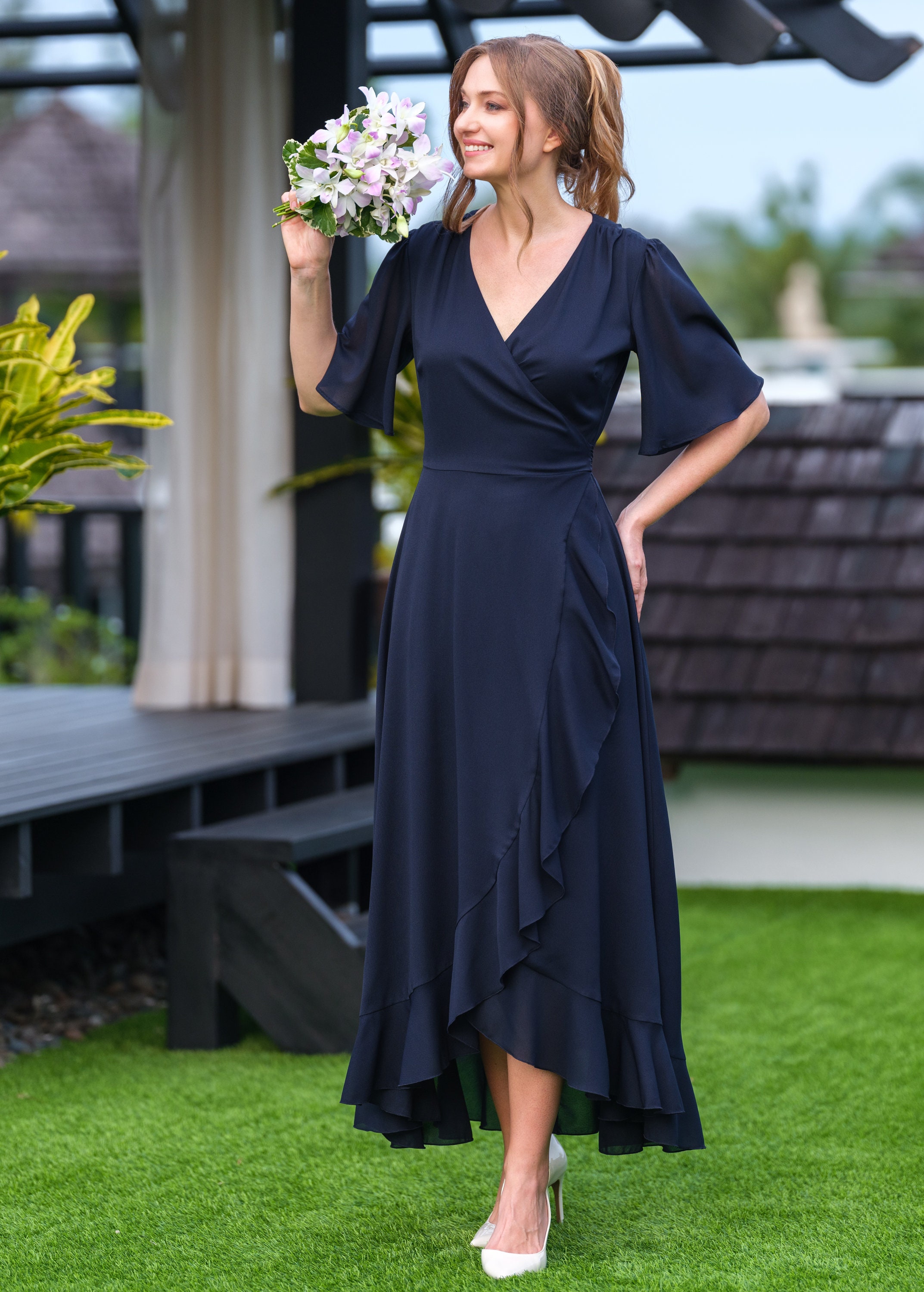 Navy blue chiffon bridesmaid dress, wedding guest dress, bridesmaids dress, chiffon long wrap dress, evening dress, formal chiffon dress