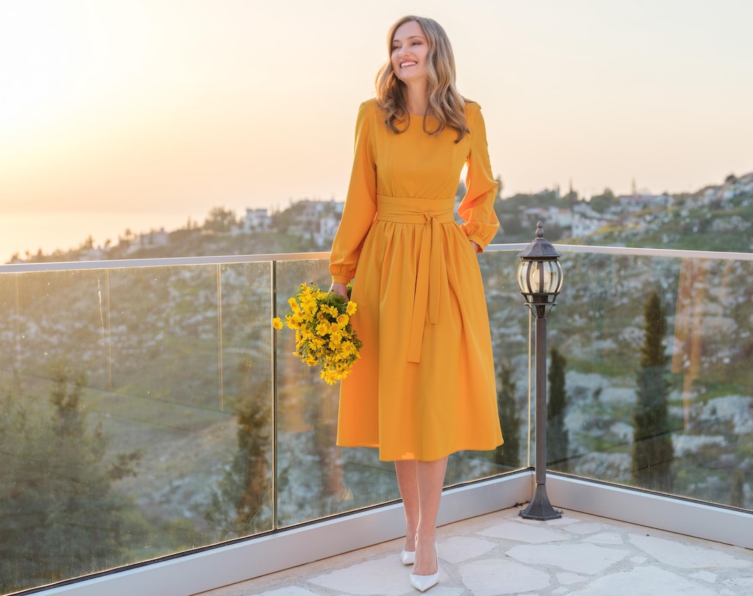 Honey yellow midi dress with belt & pockets - wedding guest, winter-fall outfit
