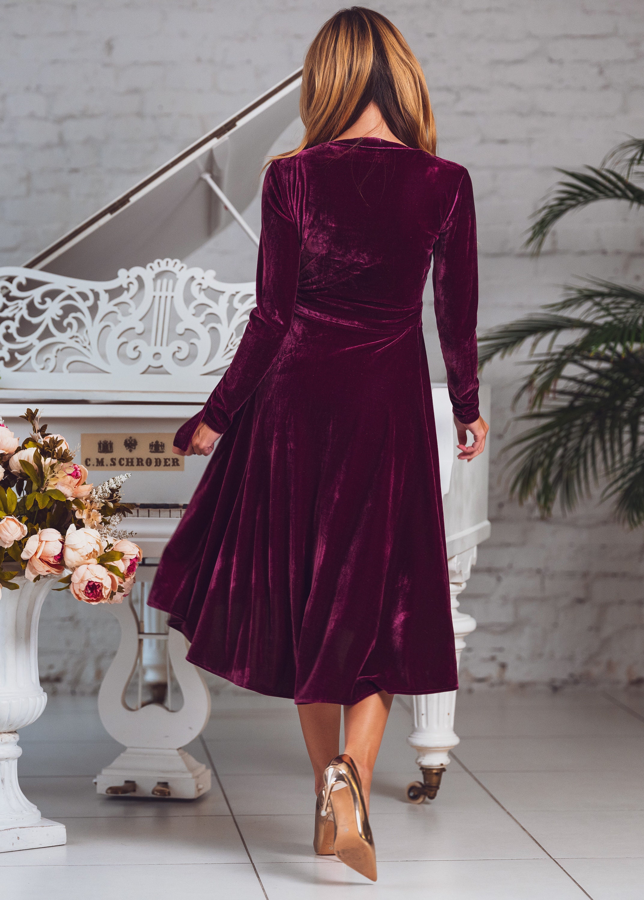 emerald green v neck dress Dark Green Velvet A-line Long Convertible Bridesmaid Dress – FancyVestido main image 0