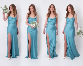 Dusty blue silk slit dress, bridesmaid dress, silk satin dress, wedding guest dress, evening dress, wedding cocktail party dress